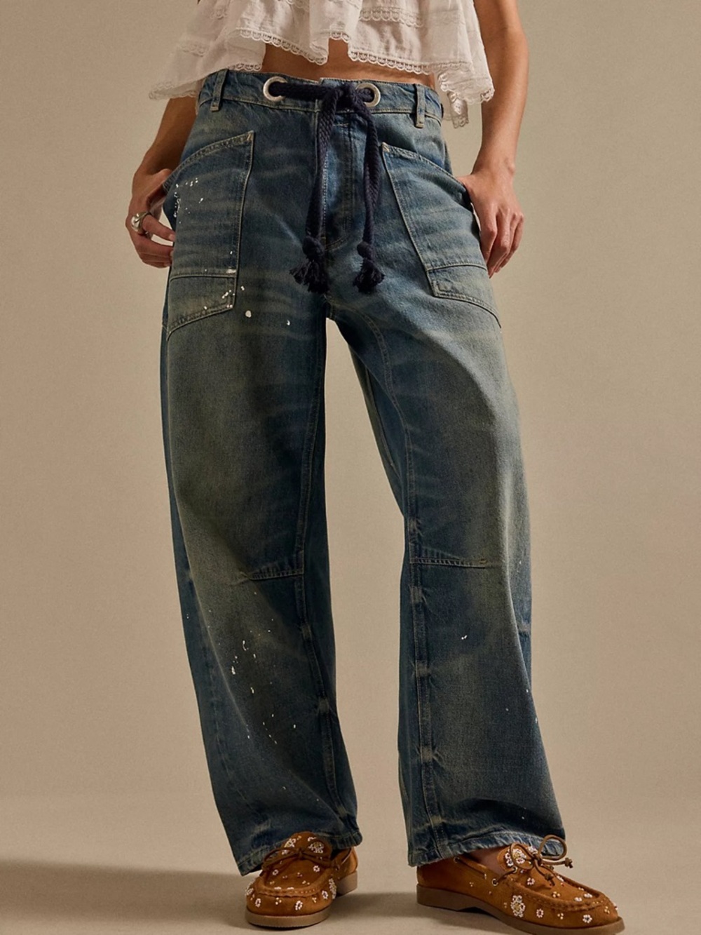 Free people We The Free Moxie Low Slung barrel Pull on Jeans in Timeless Blue 29